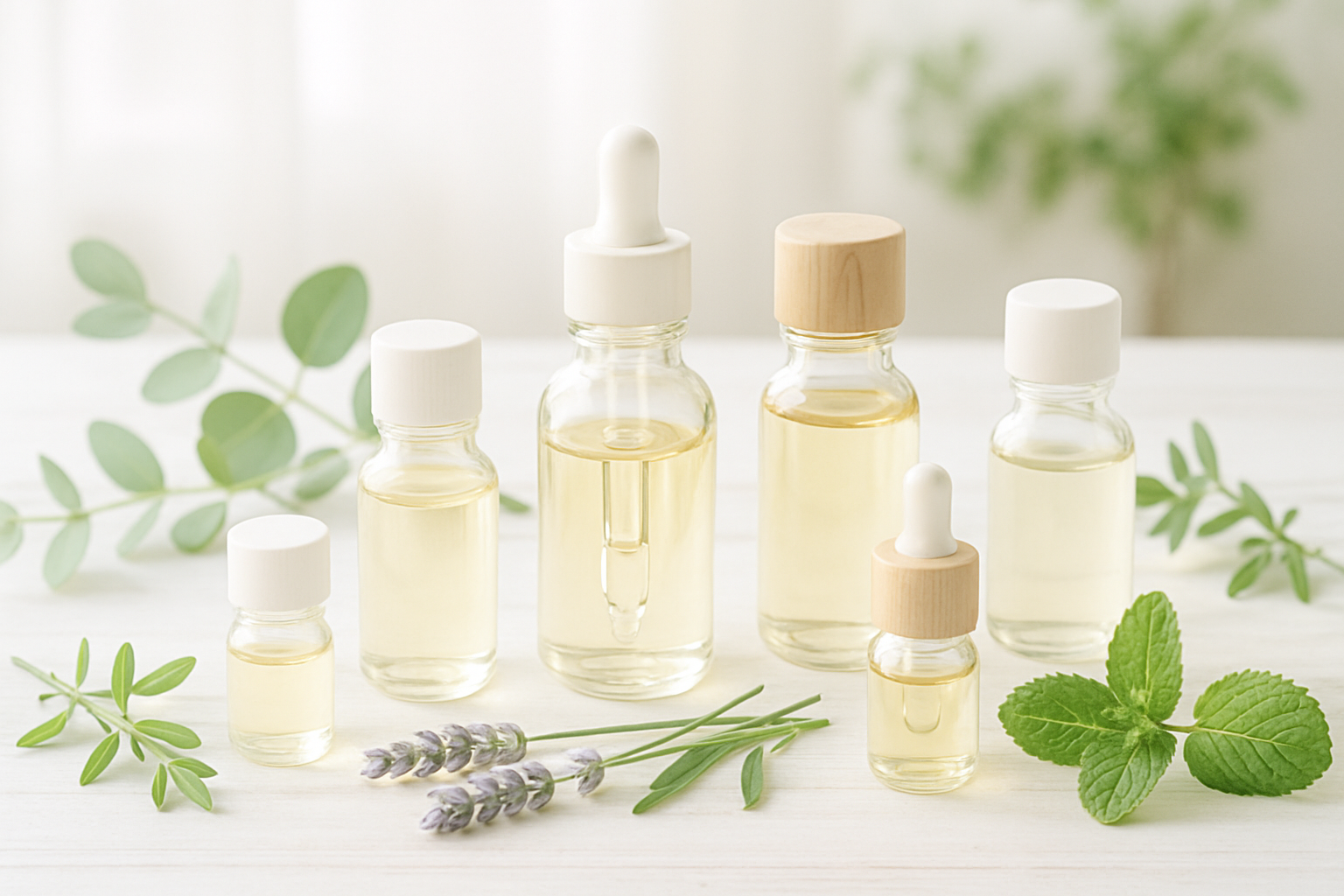 essential oils on a table, oil drops bottles and plants, avoid dark colours including dark bottle caps/lid